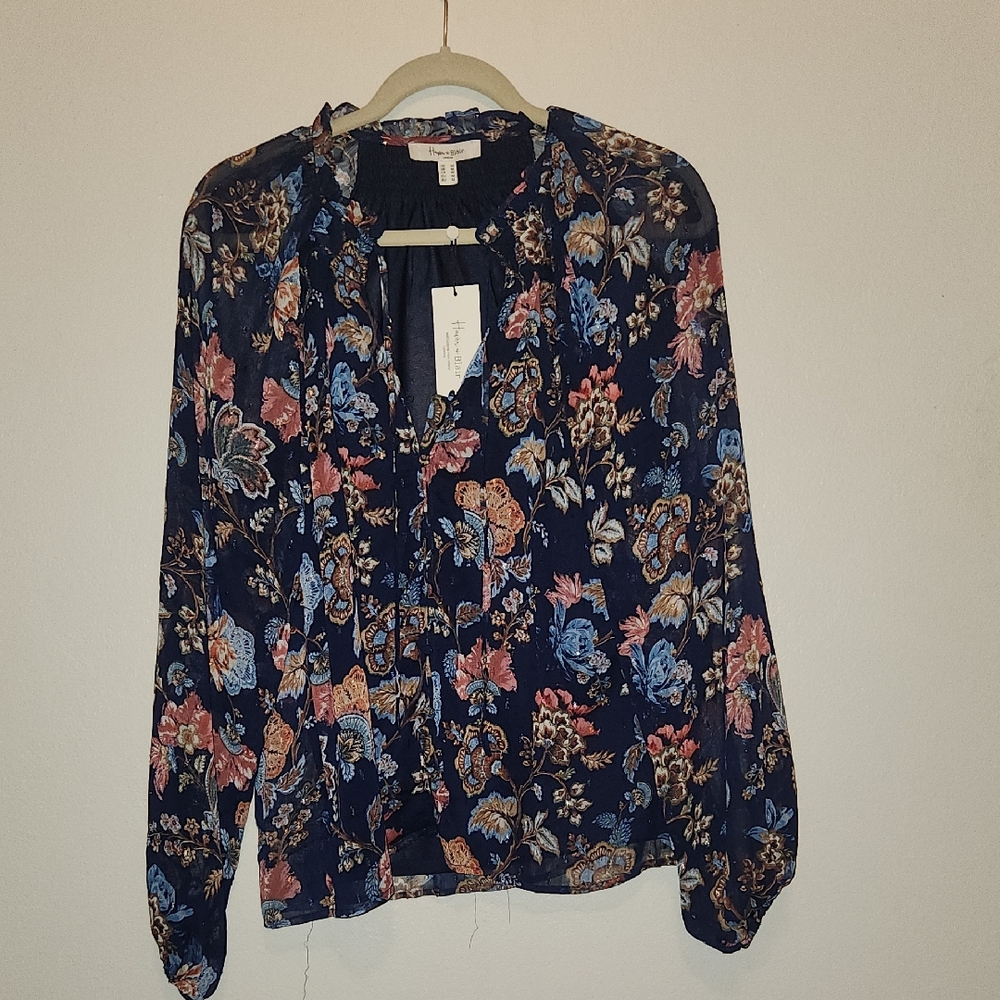 Haver + Blair Navy Floral Button Up Mixed Material Top Ruffel & Metalic Accents